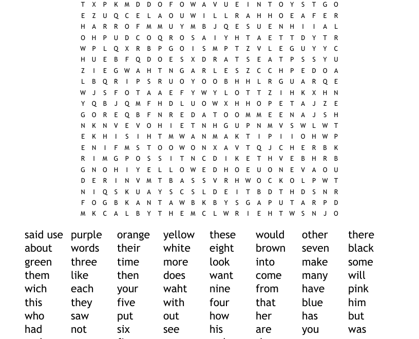 Kindergarten Sight Words Word Search WordMint