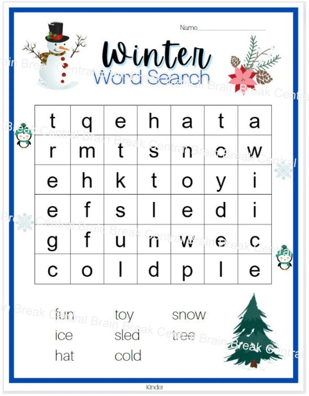 Kindergarten Winter Word Search With Answer Key Printable Etsy Finland