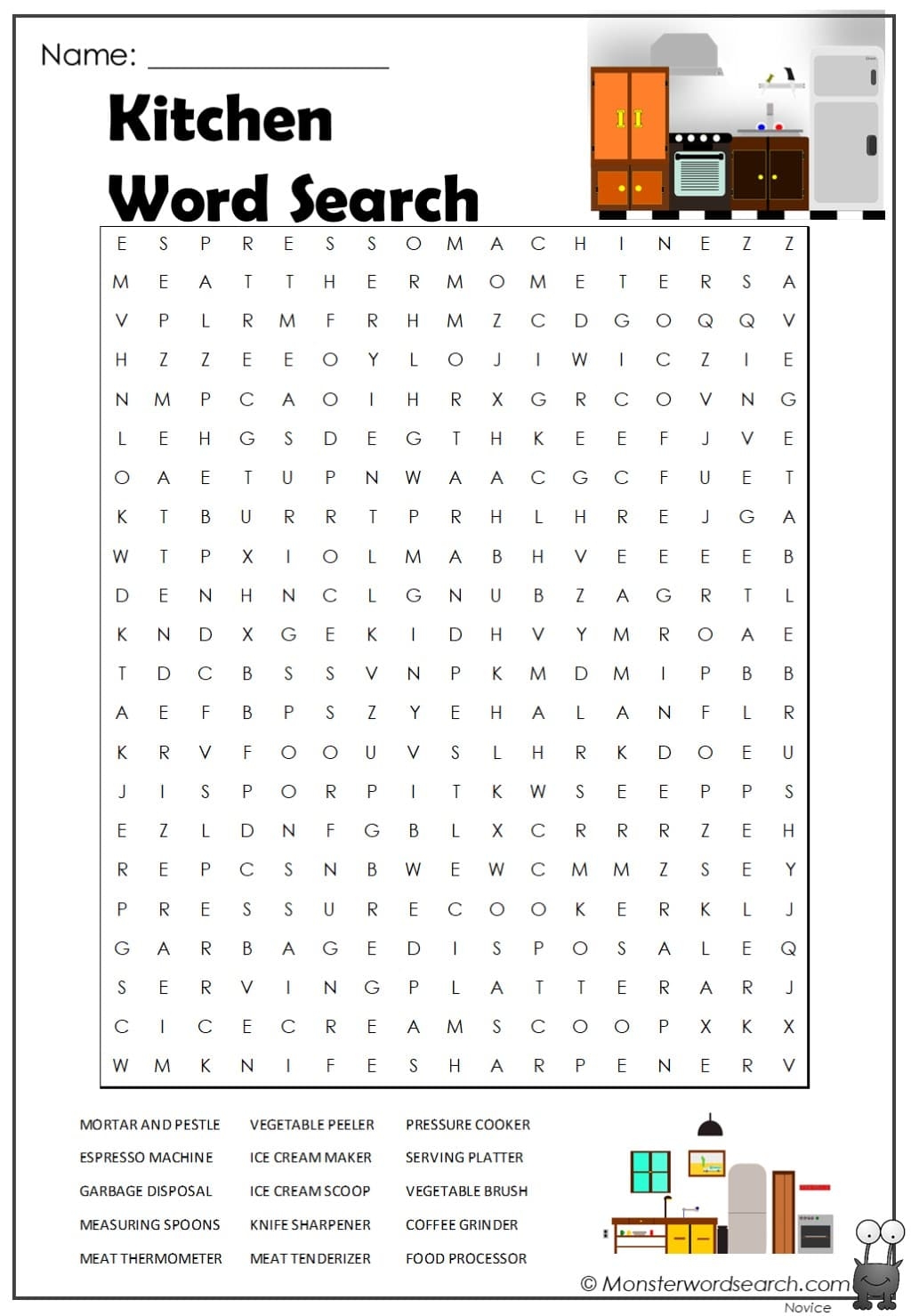 Kitchen Word Search Monster Word Search