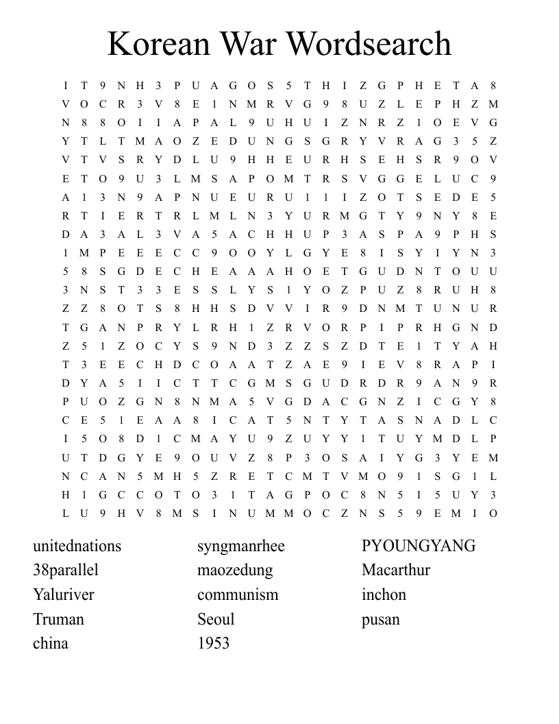 Korean War Wordsearch WordMint