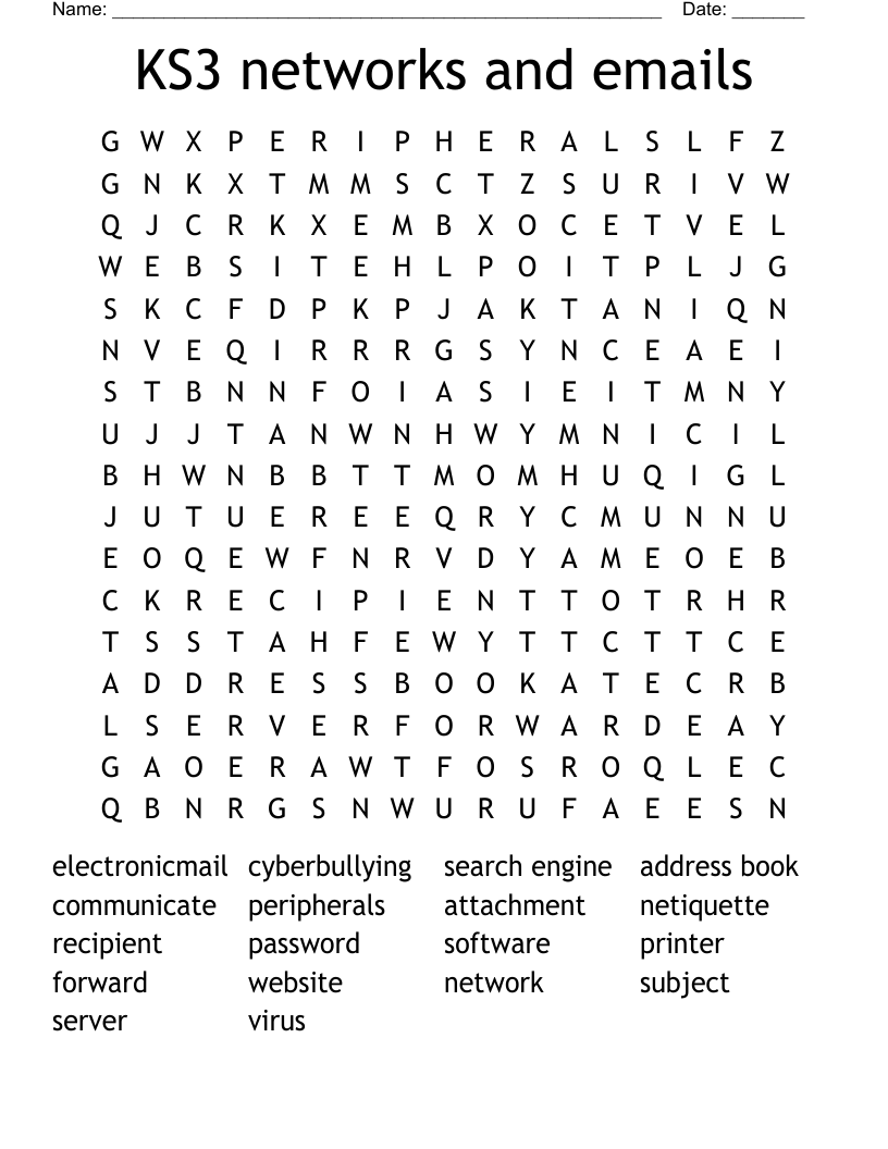 KS3 Networks And Emails Word Search WordMint