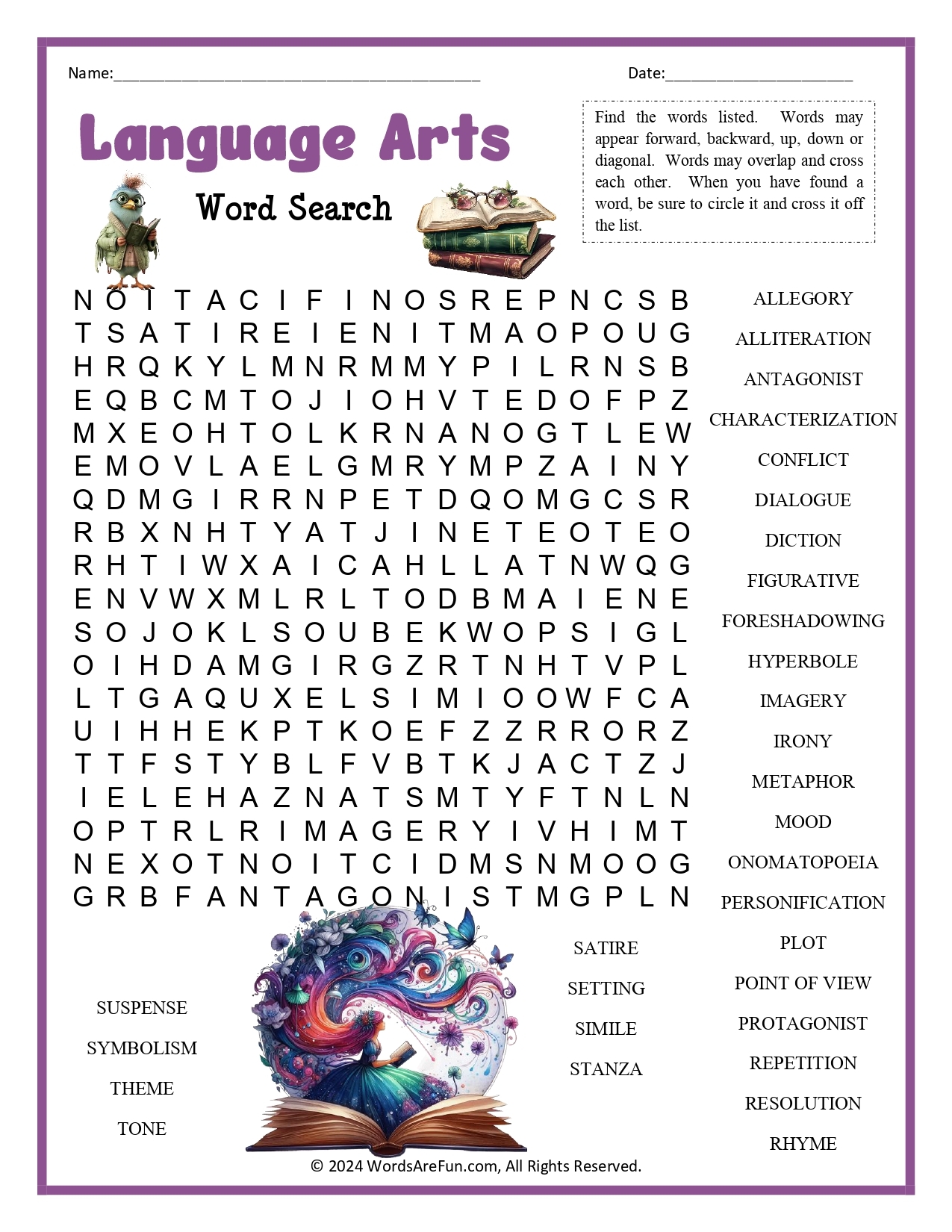 Language Arts Word Search Printable Worksheets Library