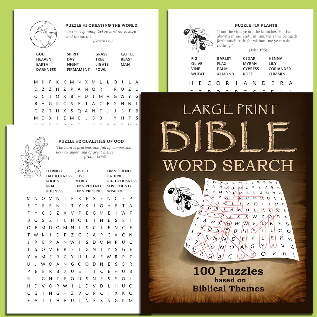 Large Print Bible Word Search 100 Puzzles Based On Various Biblical Themes With Solutions Etsy