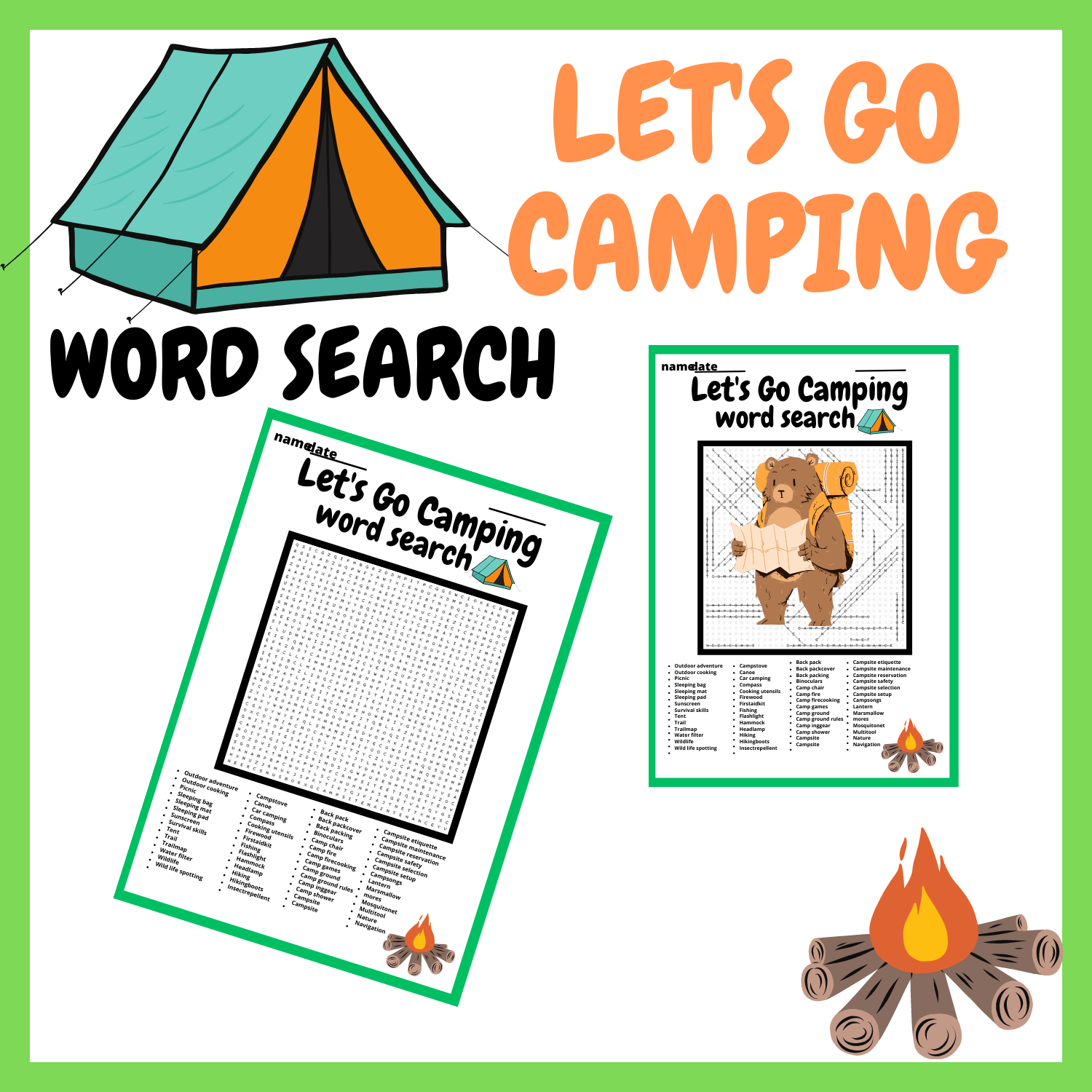 LET S GO CAMPING WORD SEARCH ACTIVITIES PUZZLE Made By Teachers