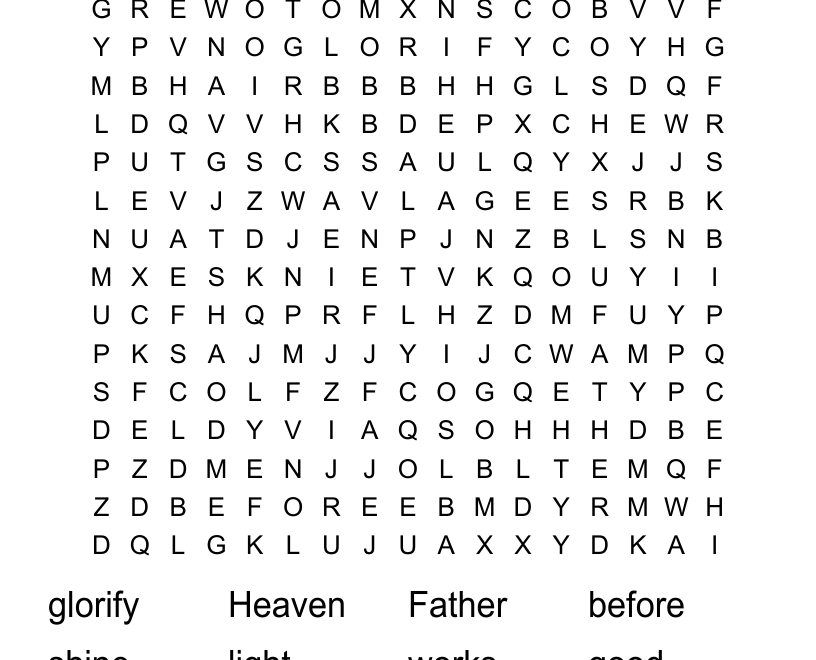 LET YOUR LIGHT SHINE FOR JESUS Word Search WordMint
