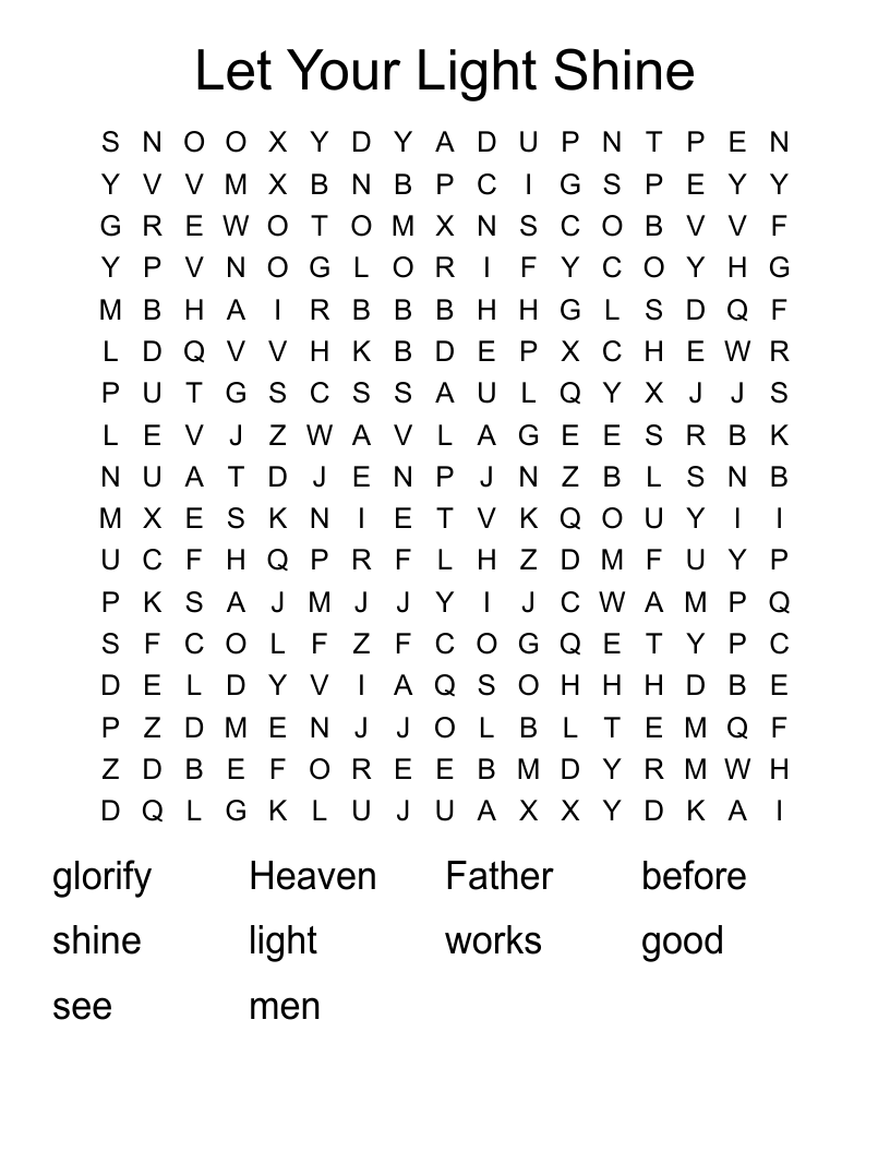 LET YOUR LIGHT SHINE FOR JESUS Word Search WordMint