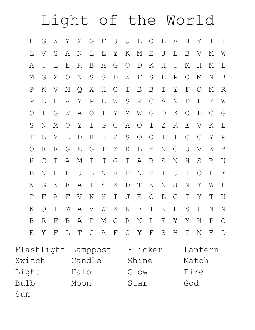 Light Of The World Word Search WordMint