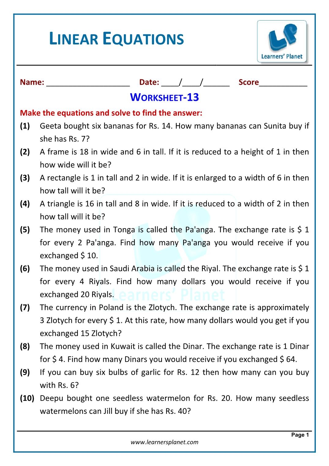 Linear Equations in One Variable Word Problems Workbook 3 Worksheets Library
