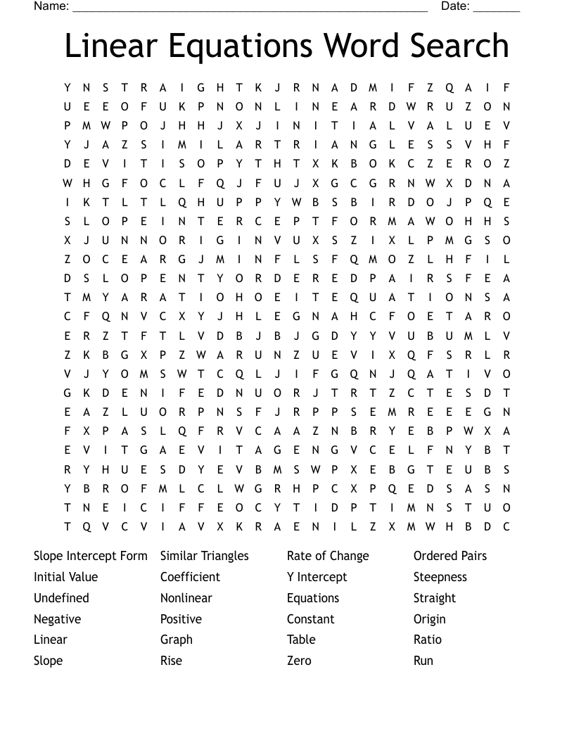 Linear Equations Word Search WordMint