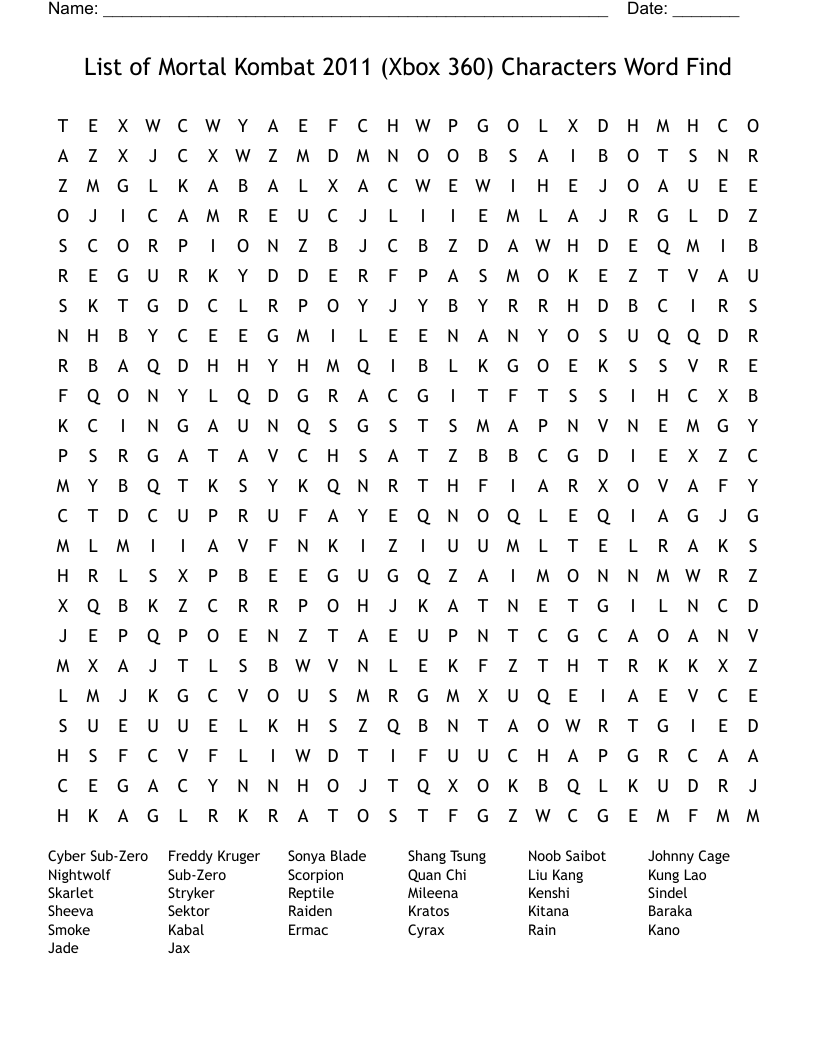 List Of Mortal Kombat 2011 Xbox 360 Characters Word Find Word Search WordMint