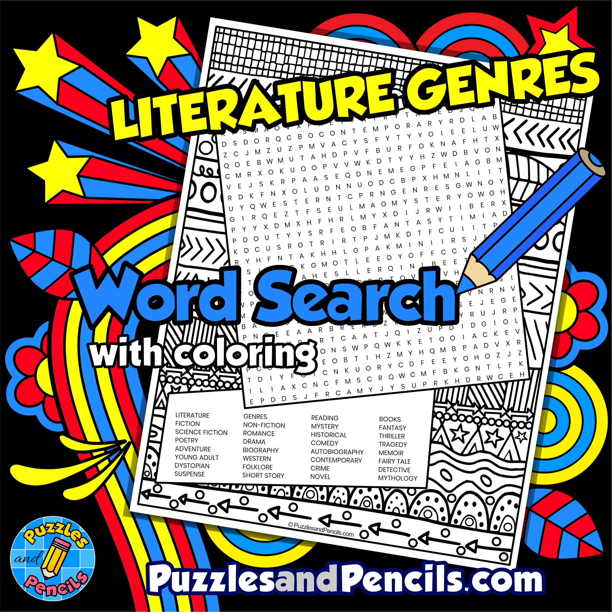 Literature Genres Word Search Puzzle With Coloring Made By Teachers