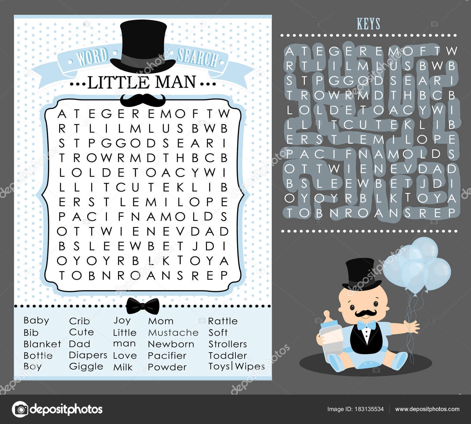 Little Man Party Game First Birthday Baby Shower Word Search Stock Vector By alenaspl 183135534