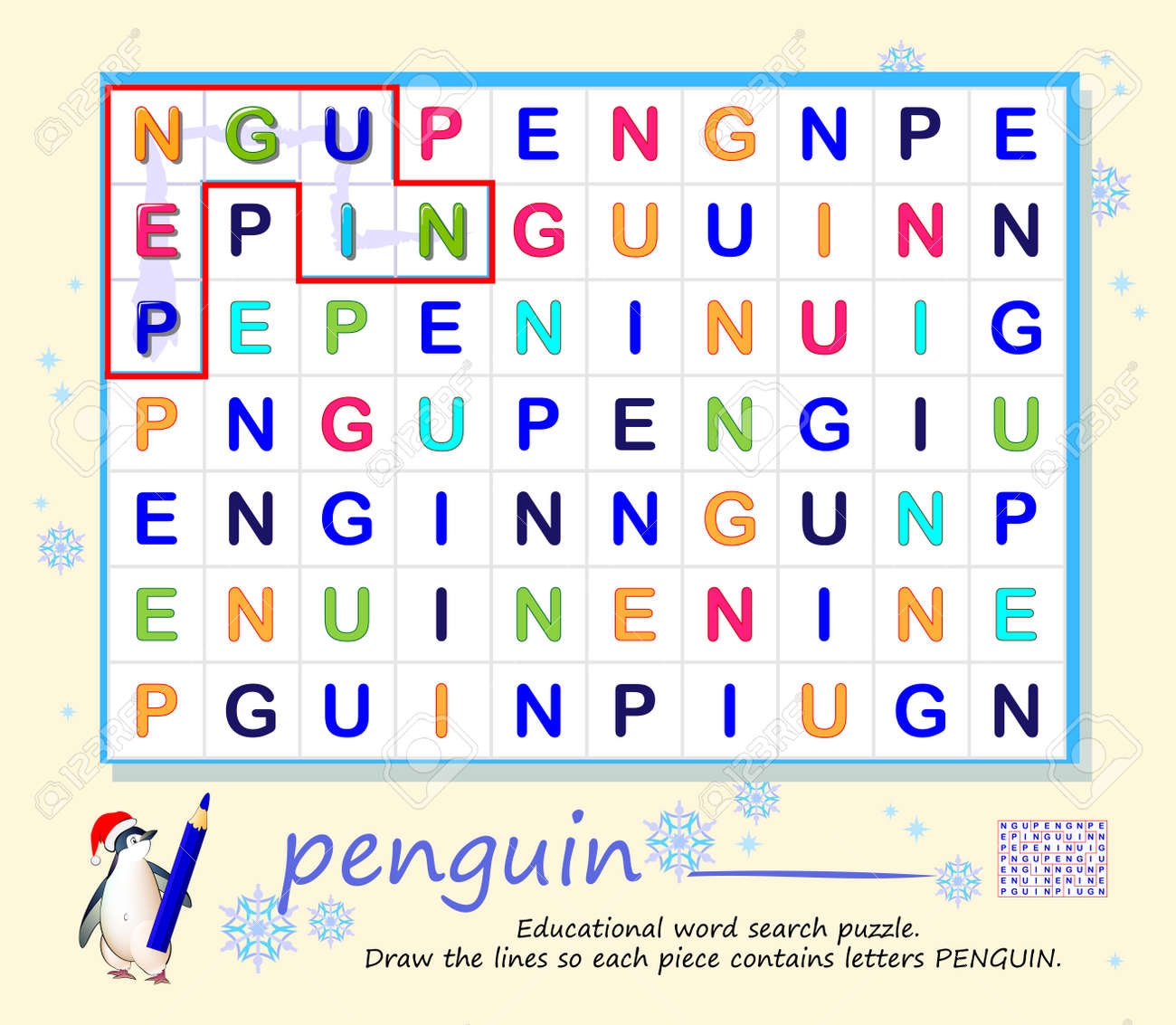 Logic Game For Children And Adults Educational Word Search Puzzle Draw The Lines So Each Piece Contains Letters PENGUIN Page For Kids Brain Teaser Book Task For Attention IQ Test Play Online