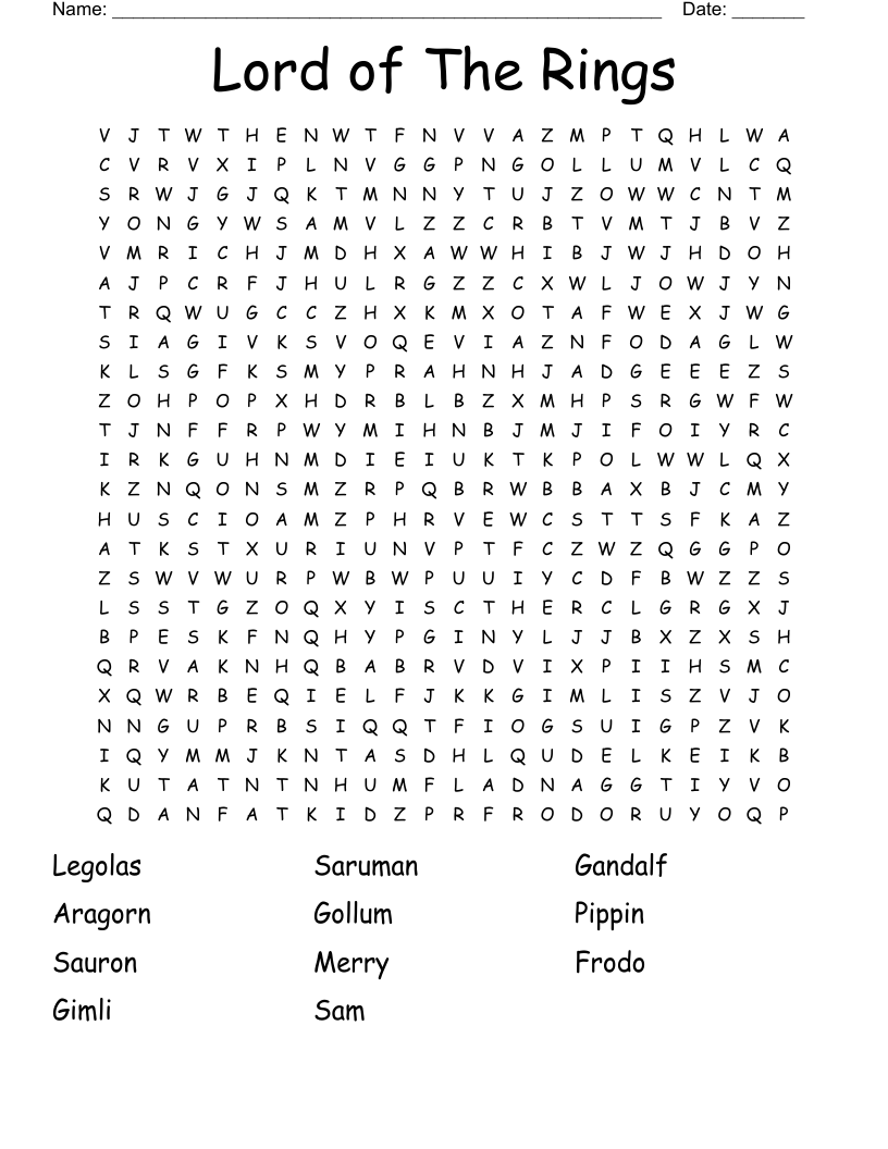 Lord Of The Rings Word Search WordMint