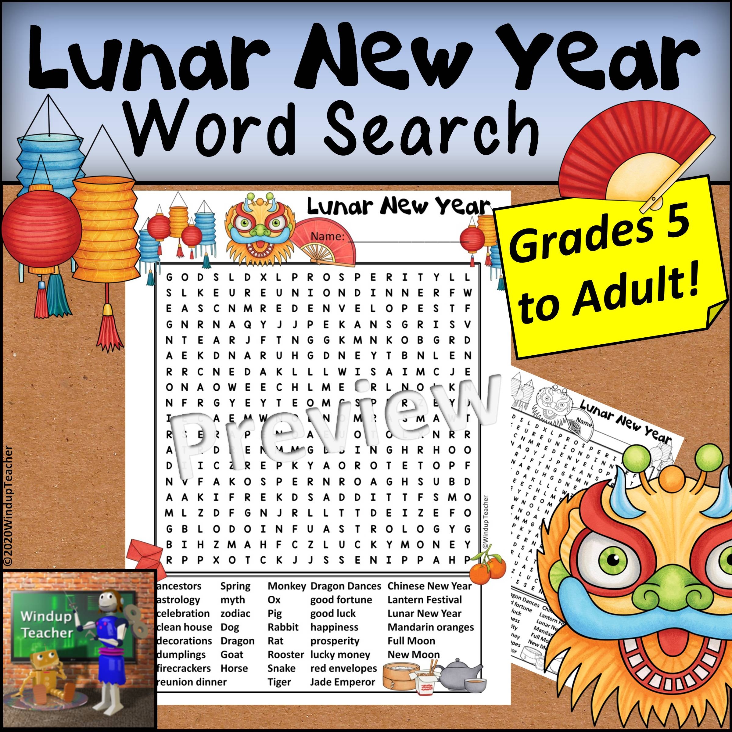 Lunar New Year Word Search Hard Grades 5 UP Made By Teachers