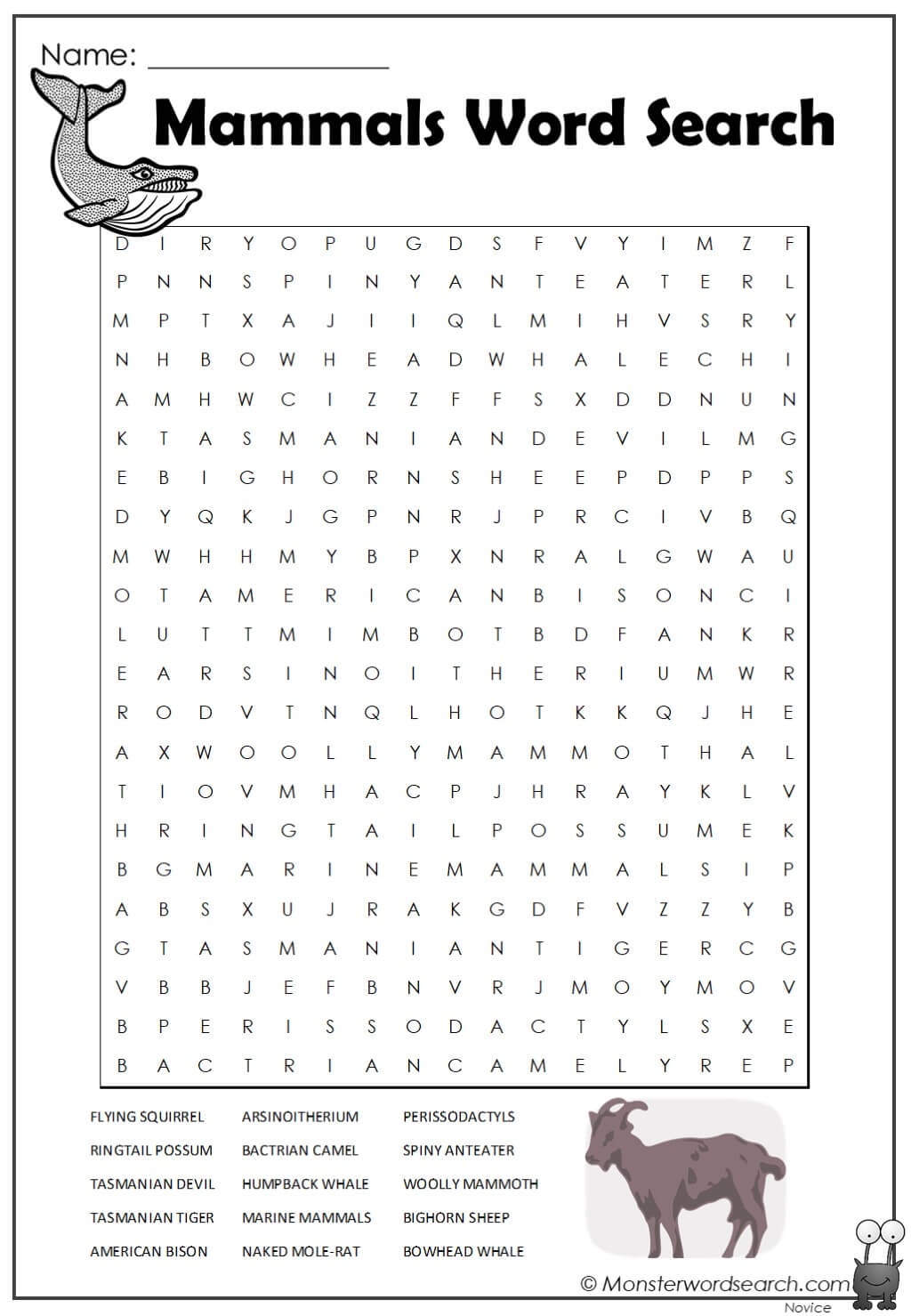 mammals word search monster word search