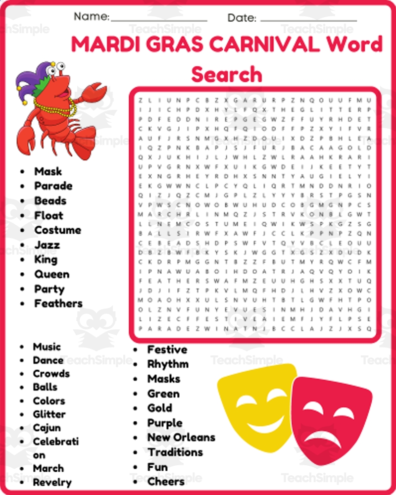Free Printable Word Search For Carnival