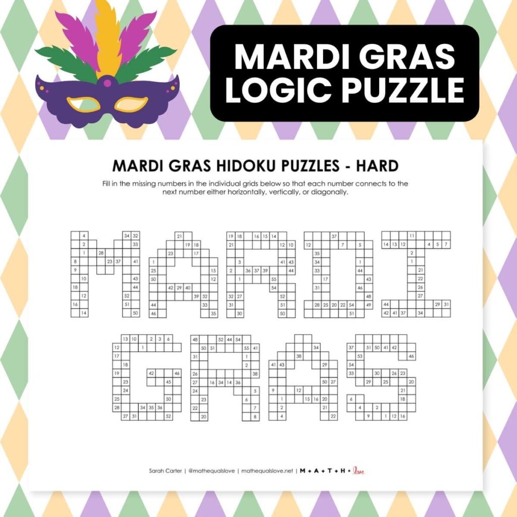 Mardi Gras Hidoku Logic Puzzles Math Love
