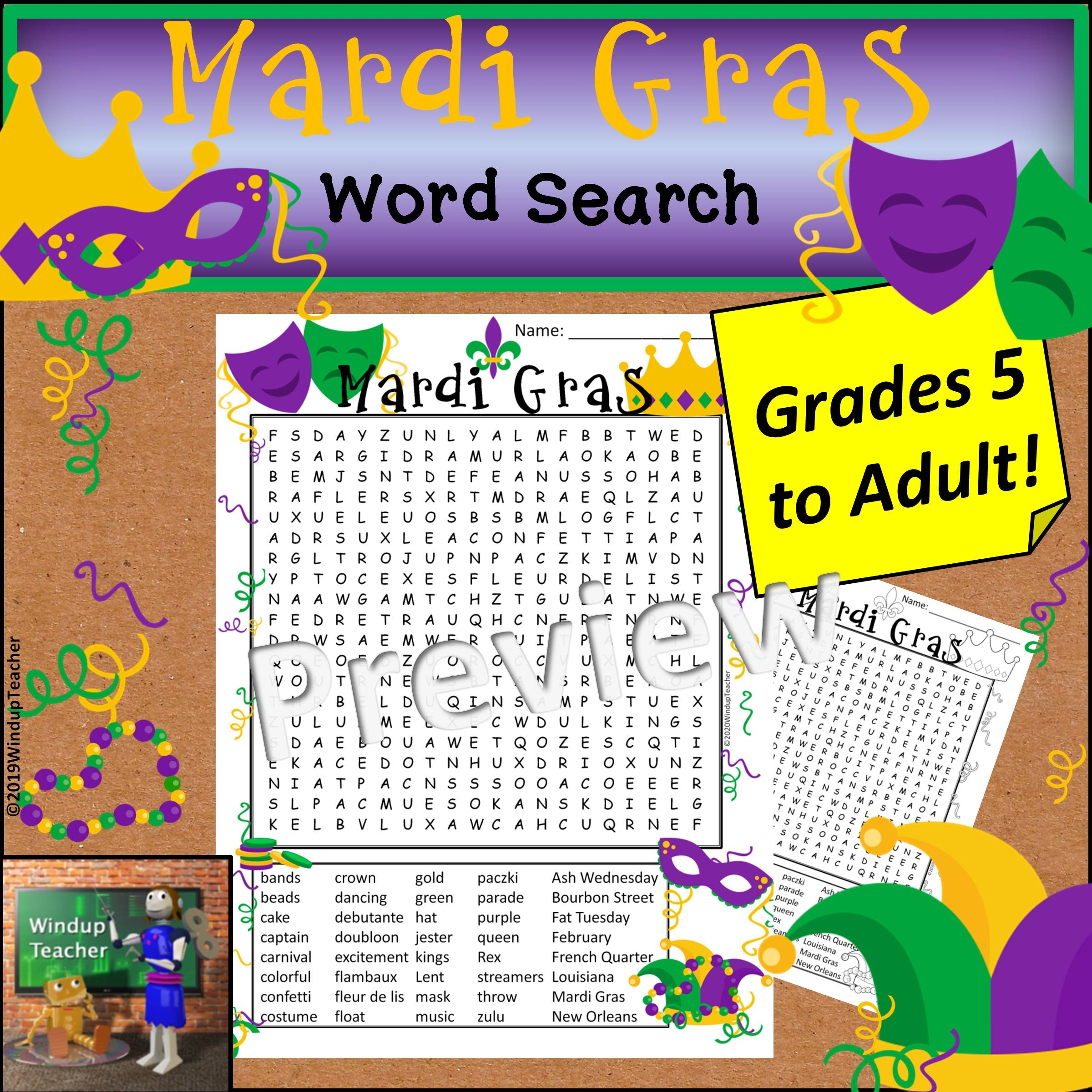 Mardi Gras Word Search Hard Grades 5 UP Made By Teachers