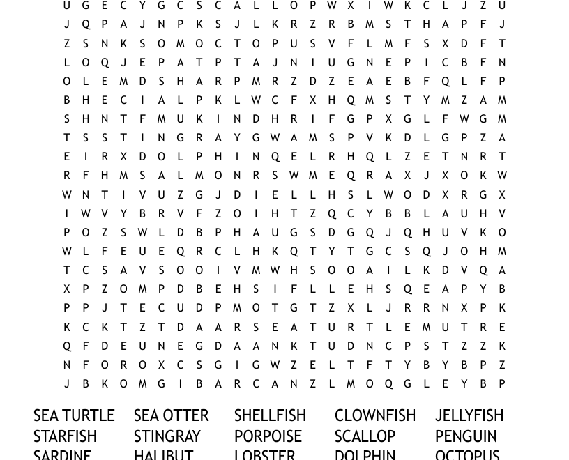 Marine Science Animal Word Search WordMint