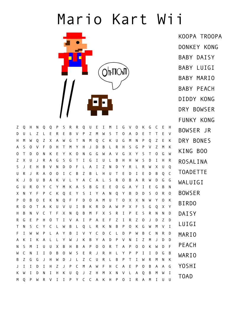 Mario Kart Wii Word Search WordMint Mario Kart Wii Word Search WordMint
