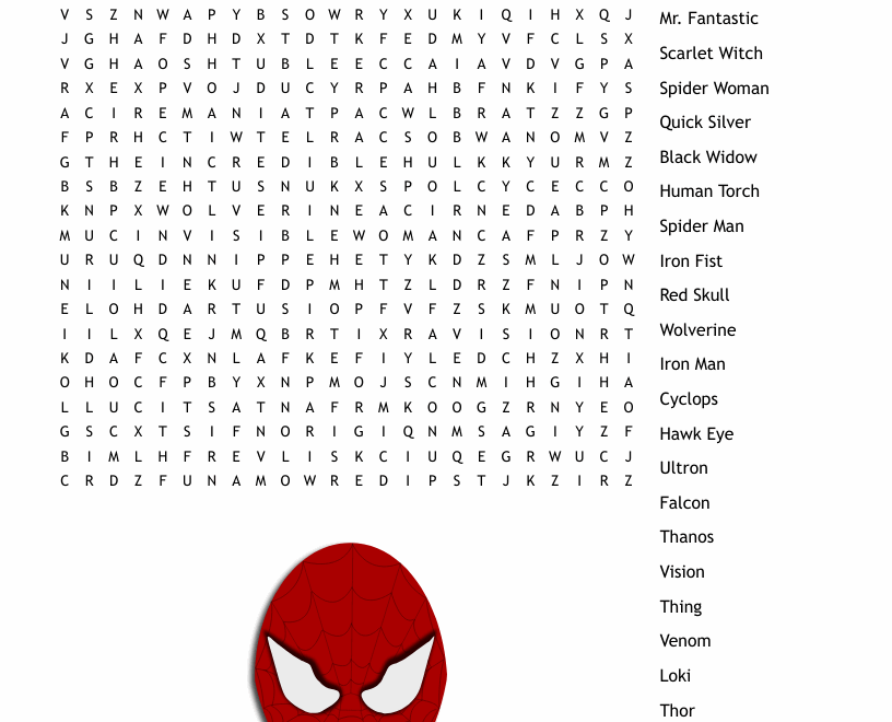 Marvel Super Hero And Villain Word Search WordMint
