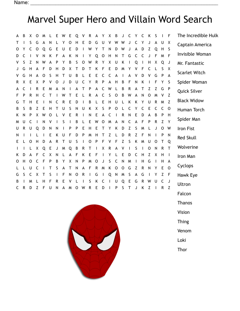 Marvel Super Hero And Villain Word Search WordMint