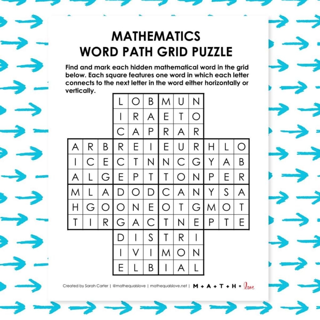Mathematics Word Path Grid Puzzle Math Love
