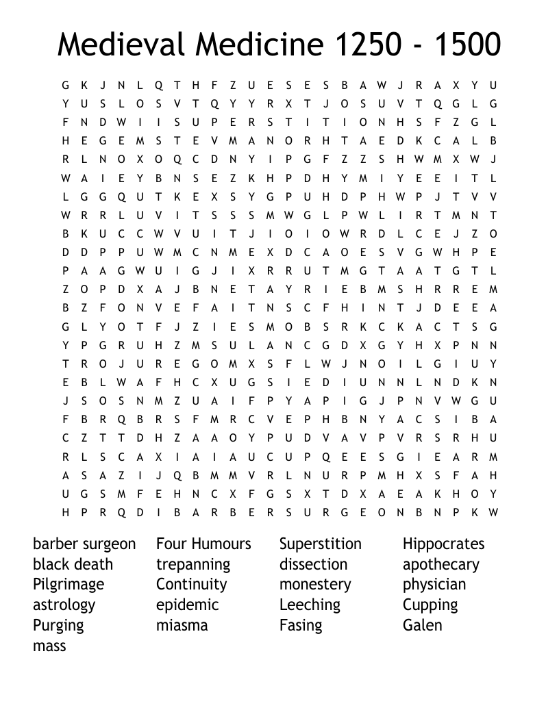 Medieval Medicine 1250 1500 Word Search WordMint
