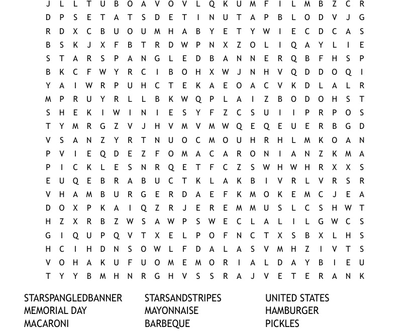 Memorial Day Barbeque Word Search WordMint