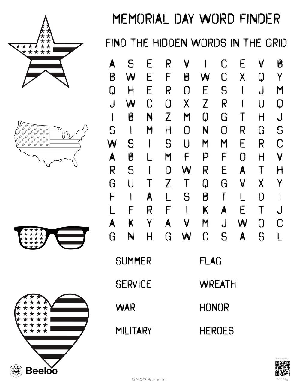 Memorial Day themed Word Searches Beeloo Printable Crafts And Activities For Kids
