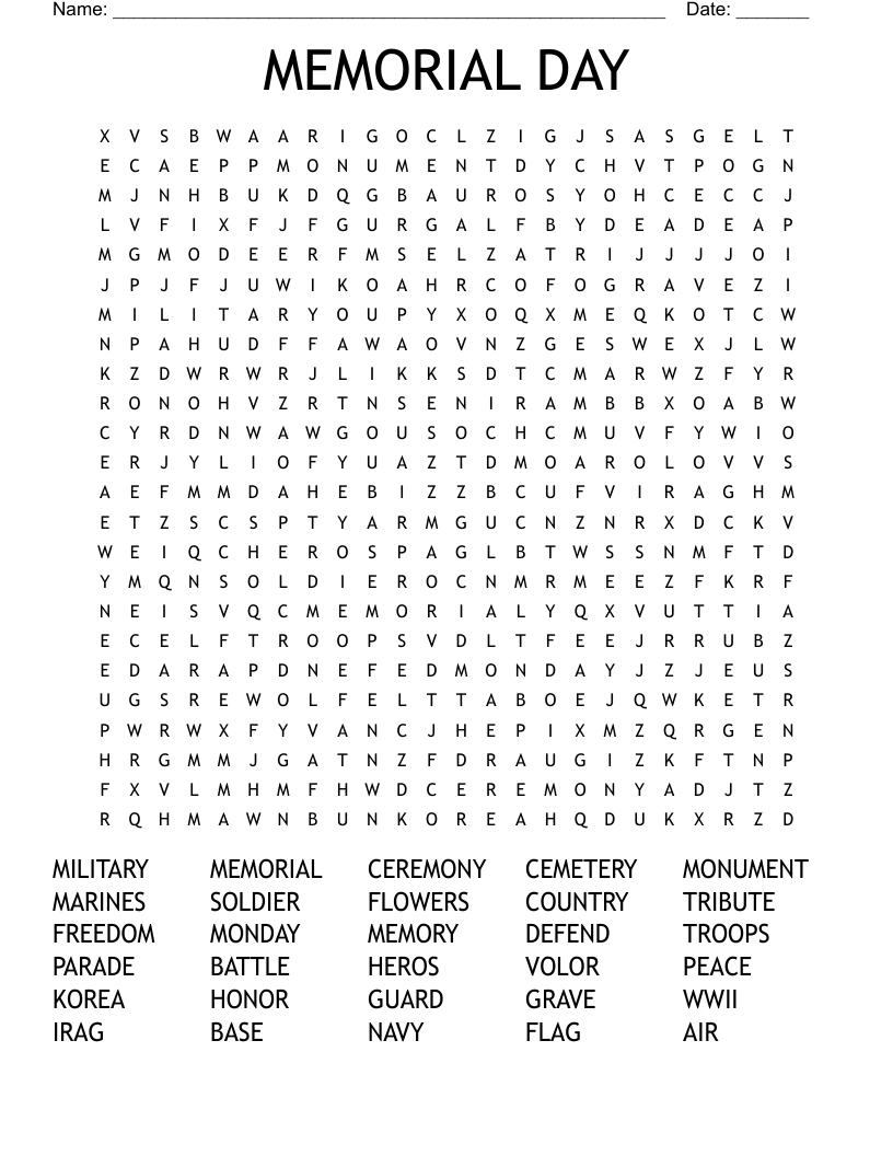 MEMORIAL DAY Word Search WordMint