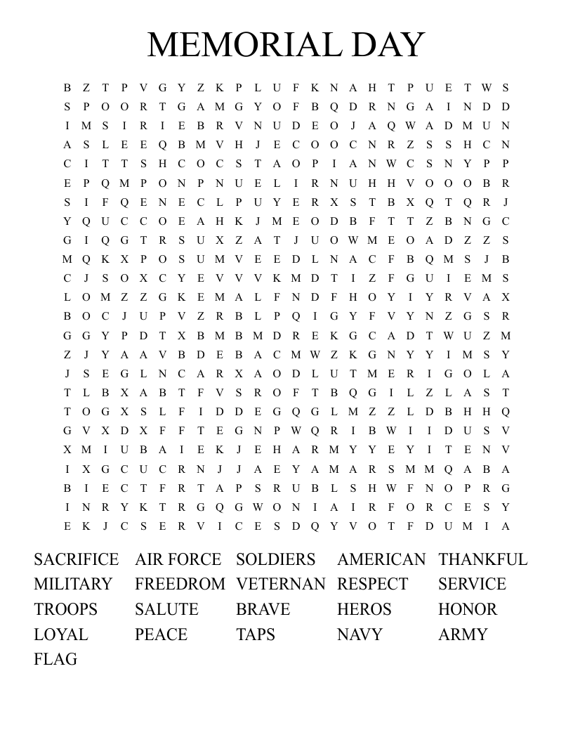 Memorial Day Word Search WordMint