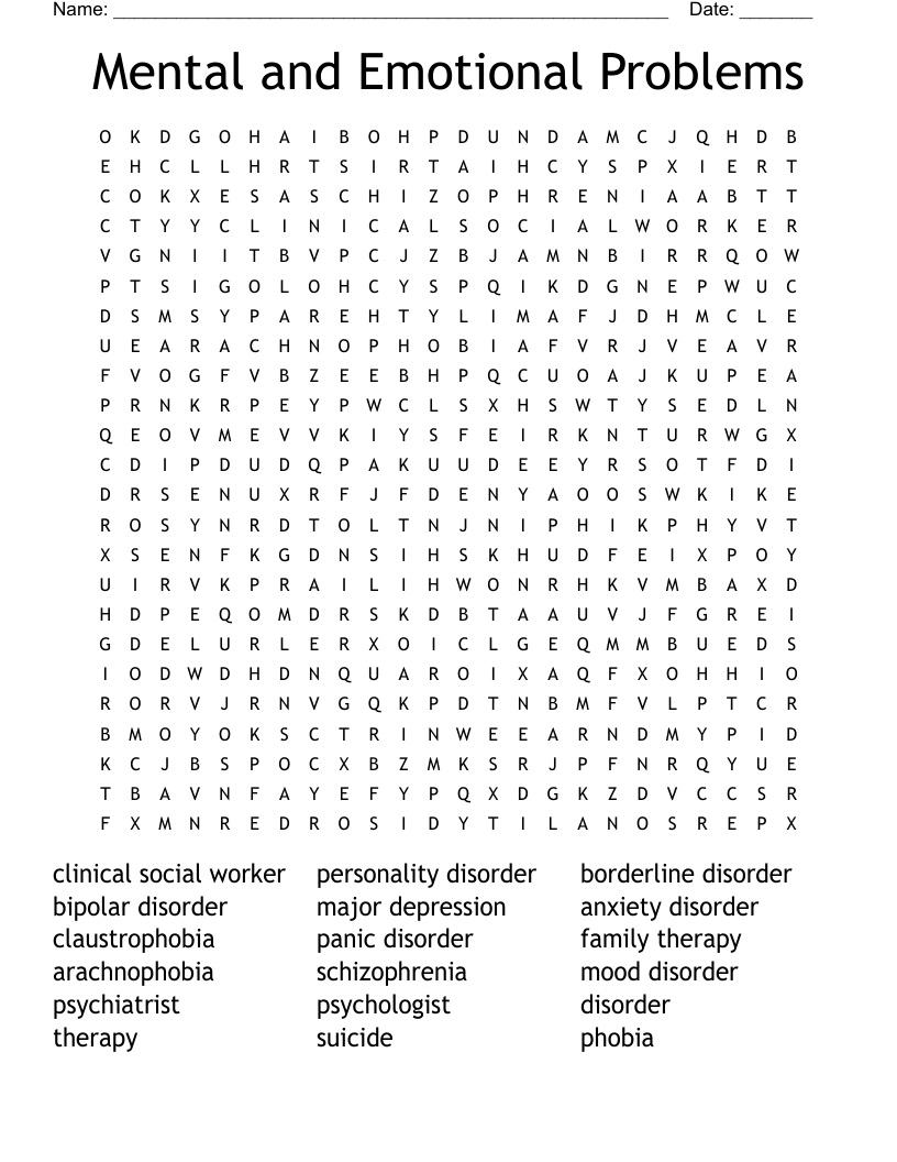 Mental And Emotional Problems Word Search WordMint