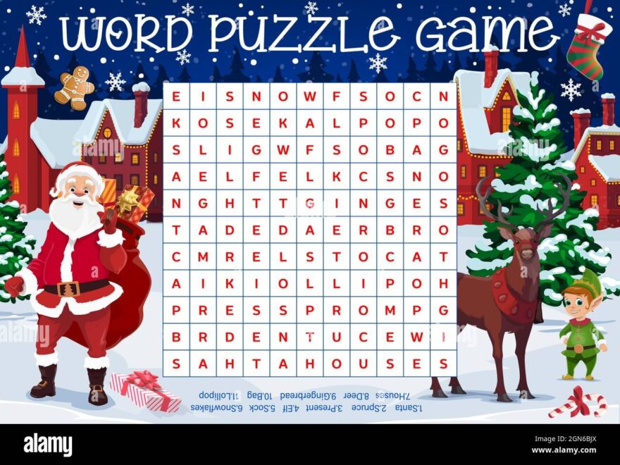 Merry Christmas Word Puzzle Worksheet With Santa And Reindeer Elf And Gingerbread Man Little Town Buildings Kids Quiz Or Riddle Game Educational Game Crossword With Christmas Cartoon Characters Stock Vector Image