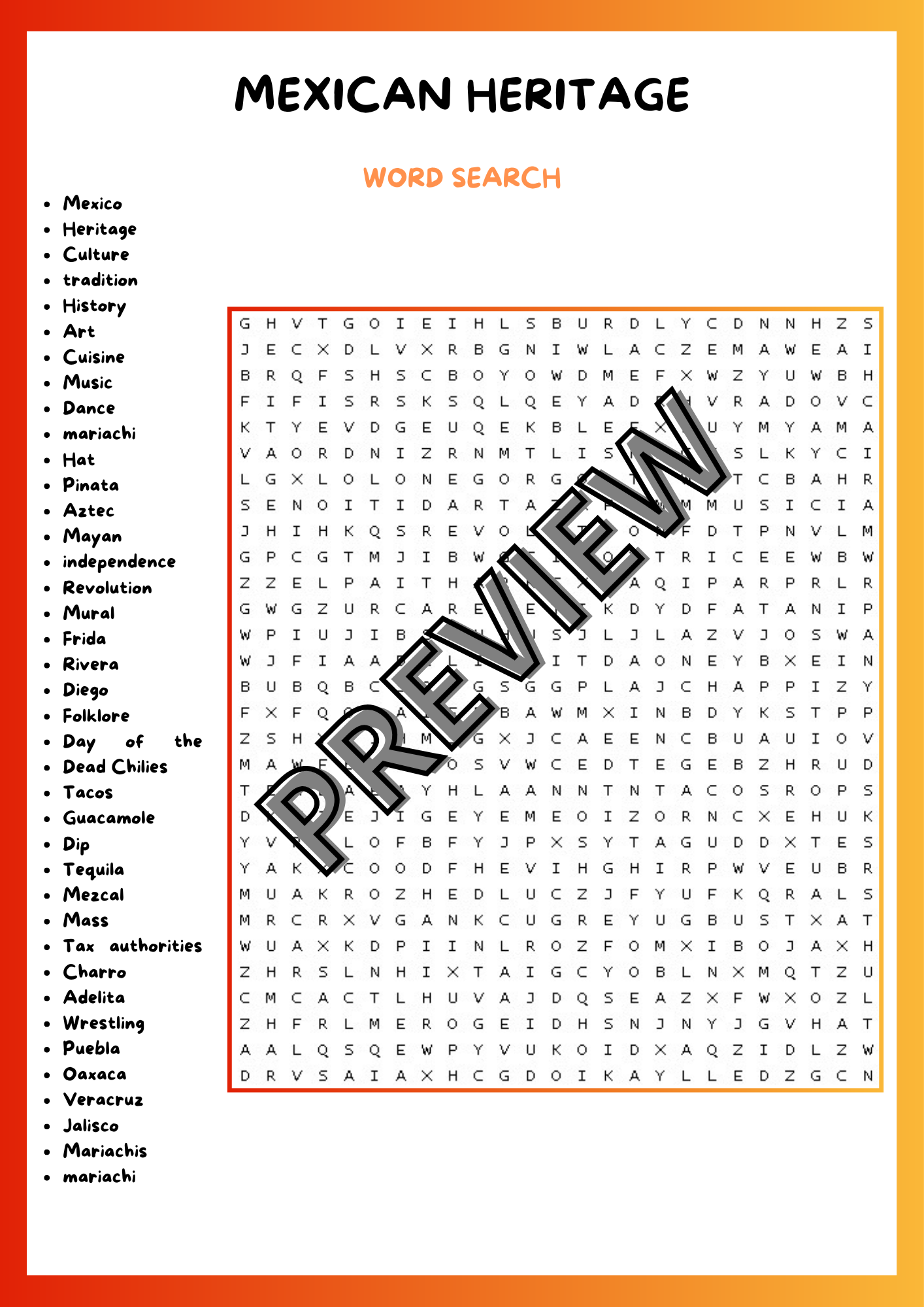 MEXICAN HERITAGE WORD SEARCH PUZZLE WORKSHEET ACTIVITY Made By Teachers