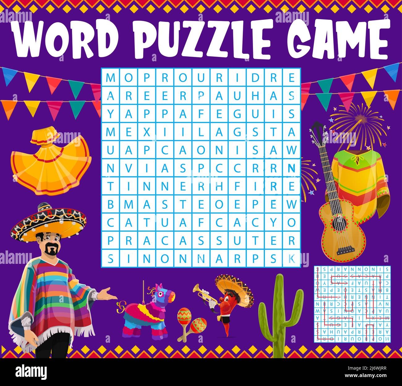 Mexican Holiday Items Word Search Puzzle Quiz Game Worksheet Vector Kids Crossword Grid With Pinata Pepper Maracas Cactus Poncho Firework Guitar Flags And Dress Brainteaser Task For Children Stock Vector Image 