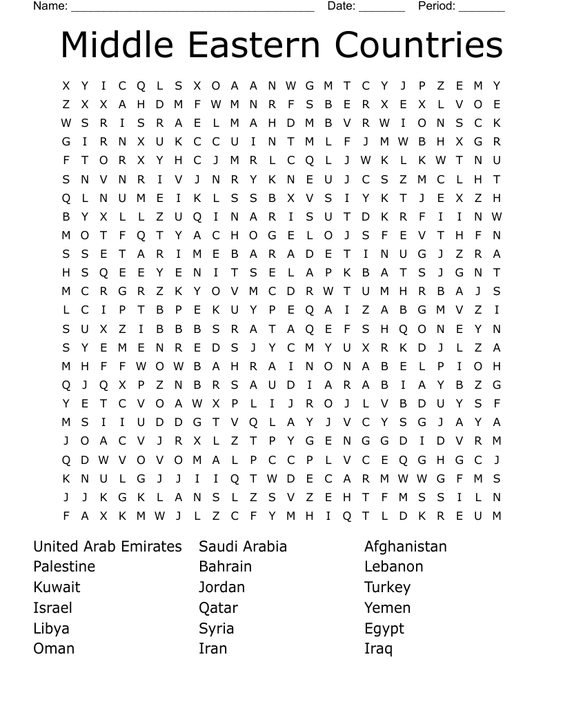 Middle Eastern Countries Word Search WordMint