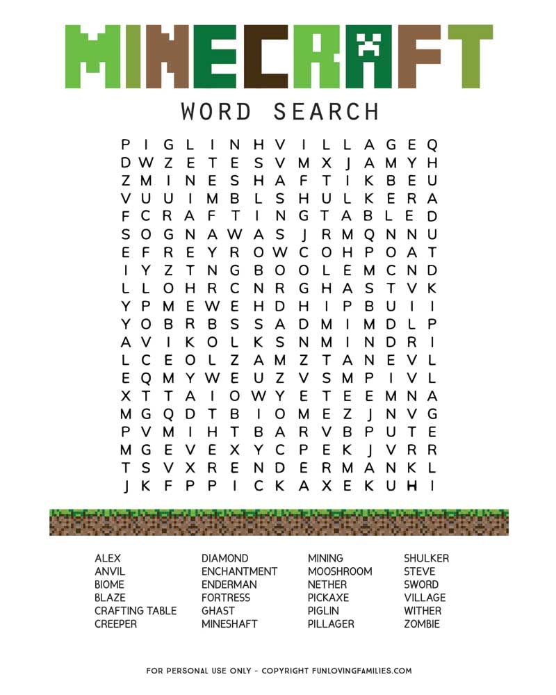 Minecraft Word Search Fun Loving Families Minecraft Word Search Fun Loving Families