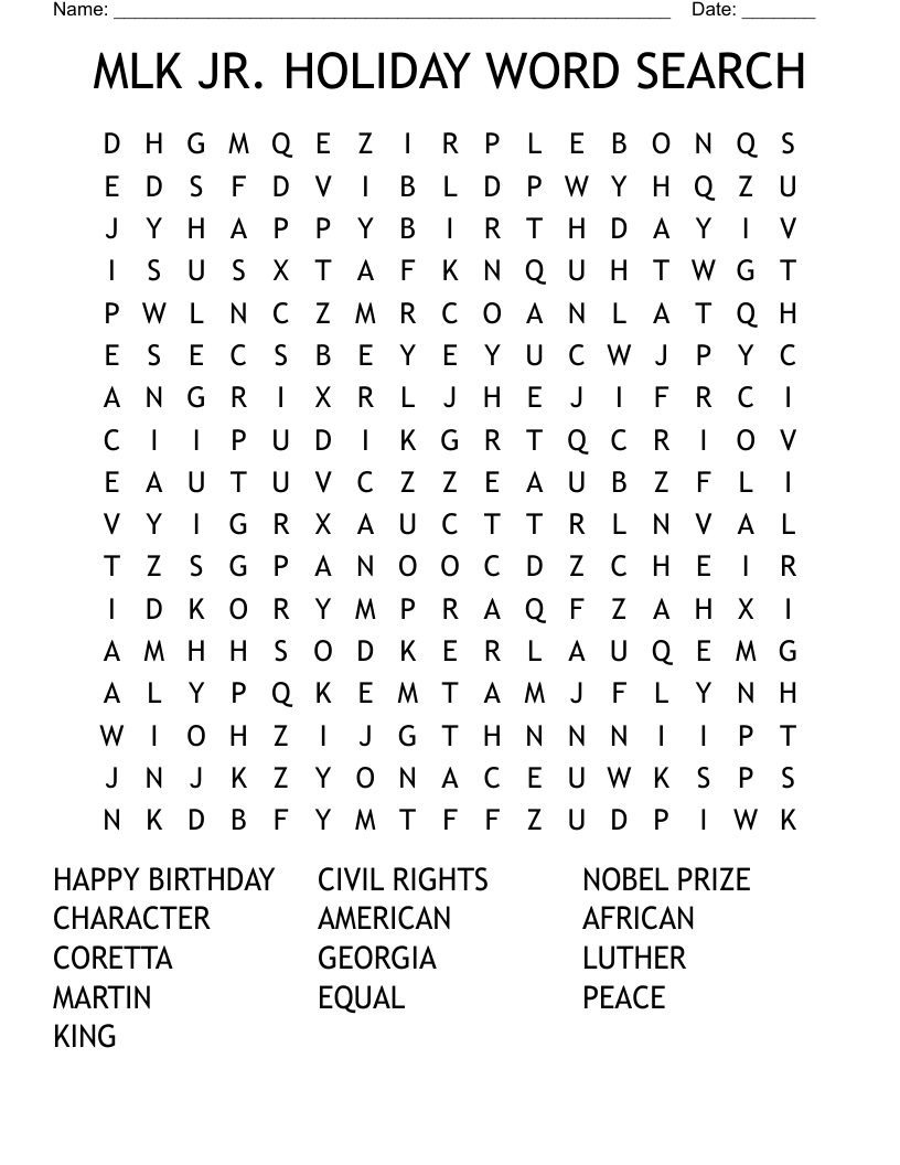 MLK JR HOLIDAY WORD SEARCH WordMint