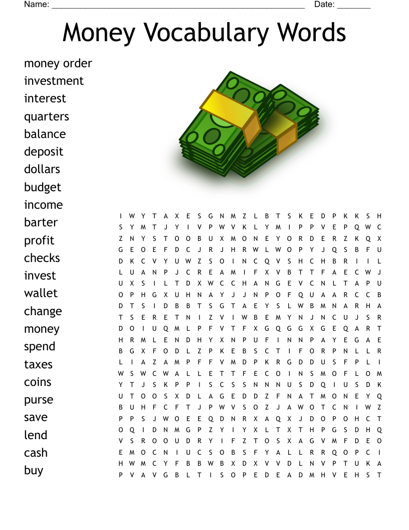 Money Vocabulary Words Word Search WordMint Worksheets Library