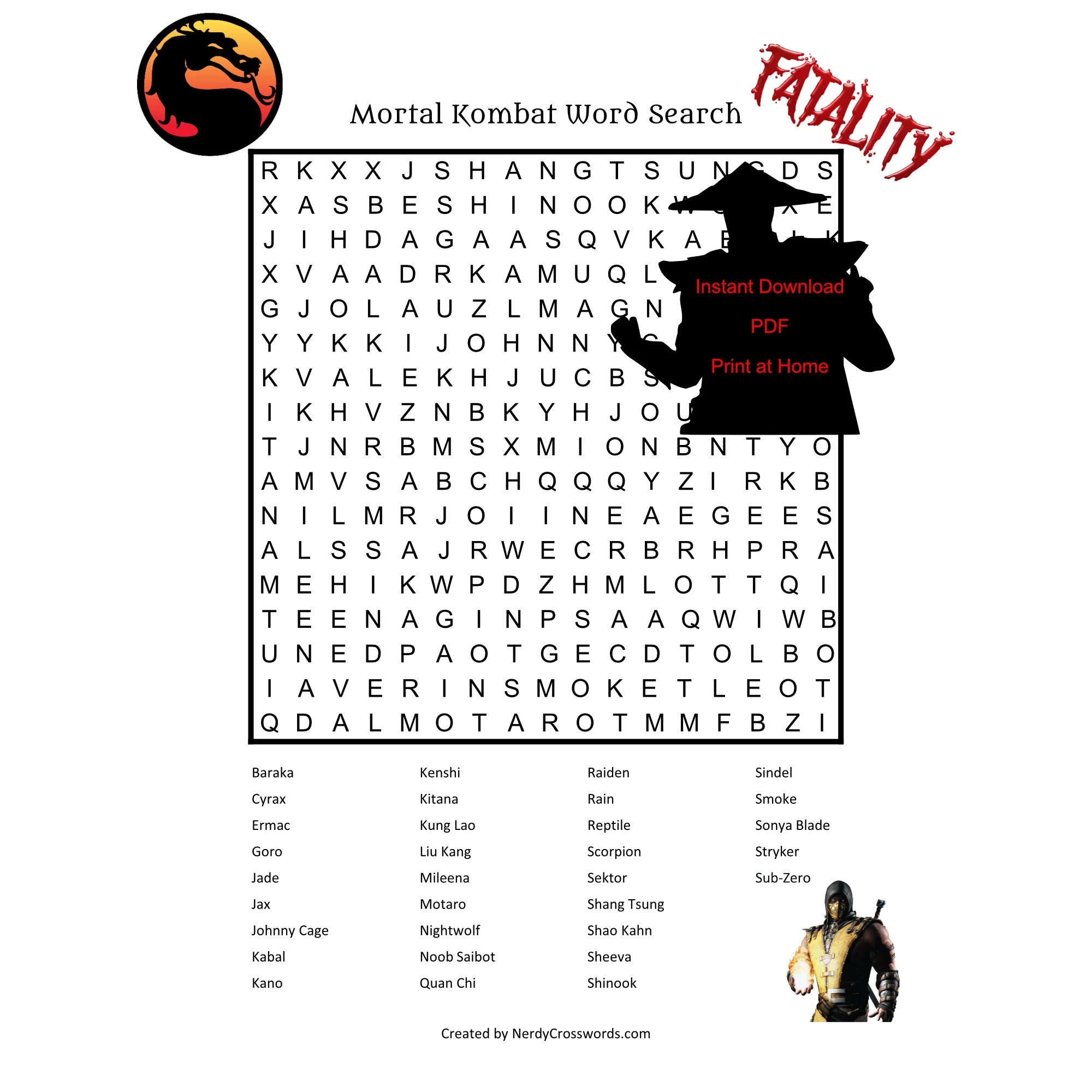 Mortal Kombat Word Search Digital Download Etsy