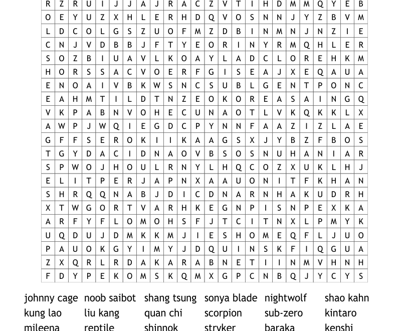 Mortal Kombat Word Search WordMint