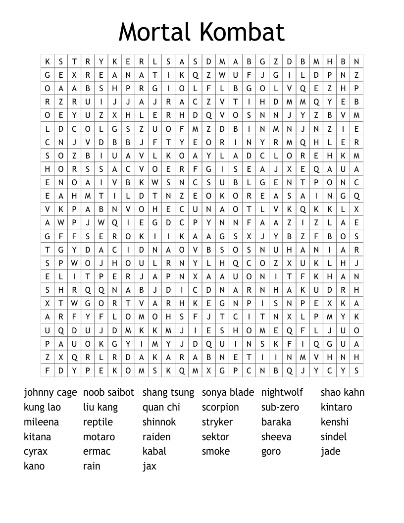 Mortal Kombat Word Search WordMint