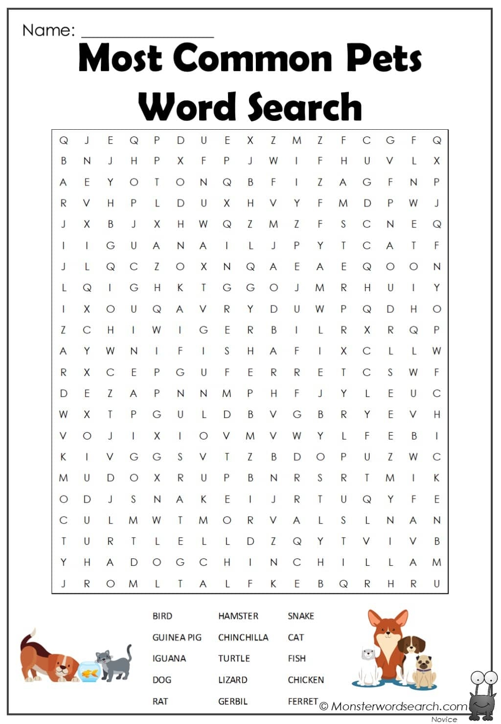 Most Common Pets Word Search Monster Word Search