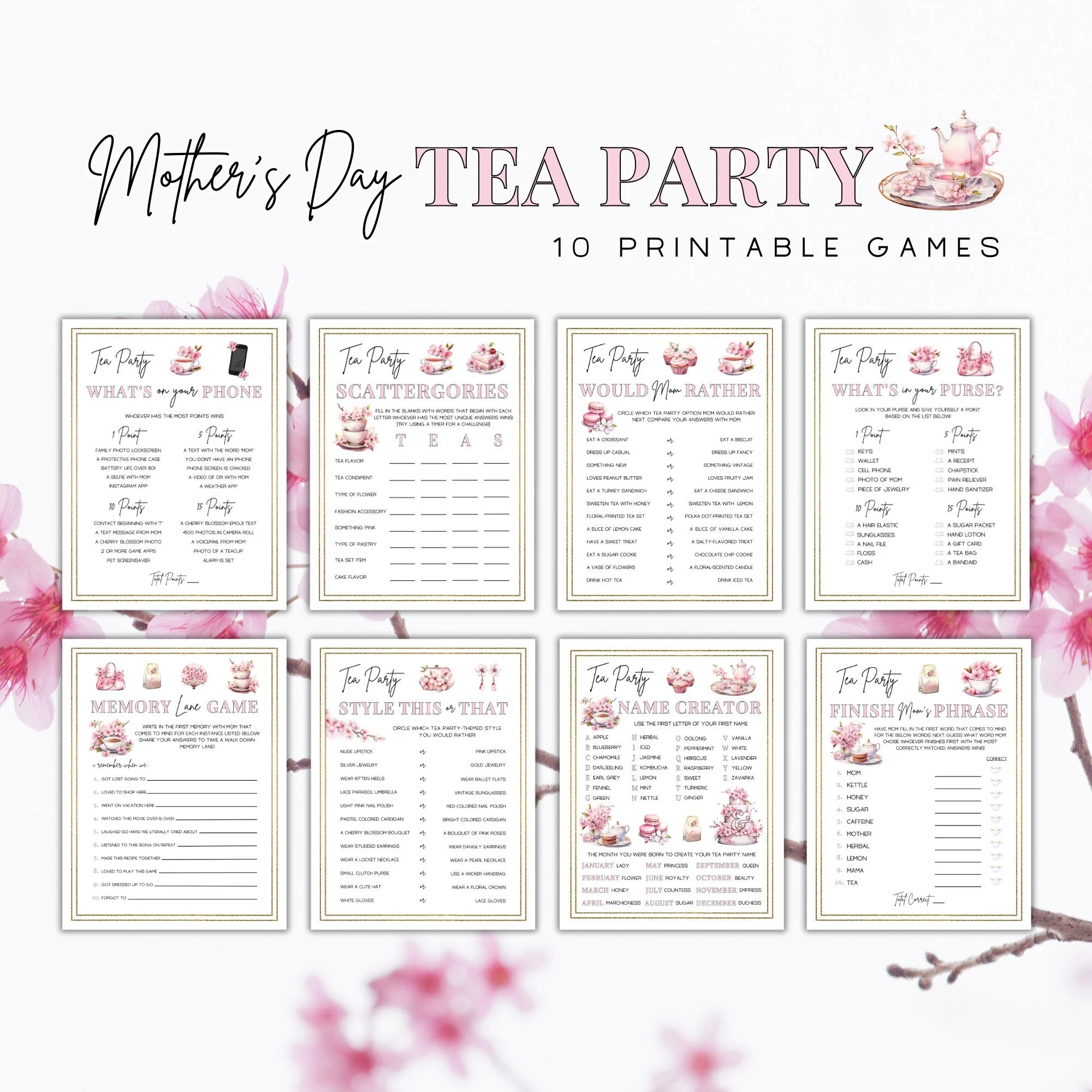 Mother s Day Tea Party Printable Games Tea Party Activities Mother s Day Tea Party Games Tea Party Bundle Cherry Blossom Tea Party Etsy