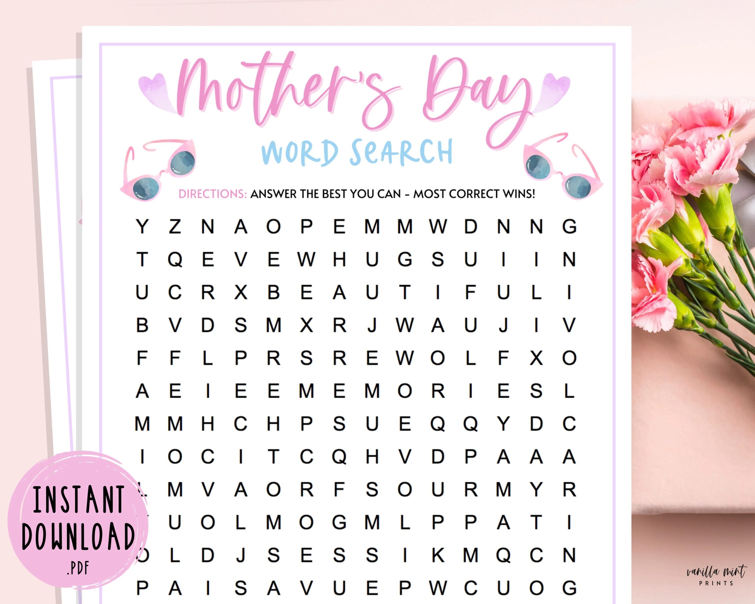 Mother s Day Word Search Games Happy Mother s Day Games With Mom Mother s Day Activities For Kids Adults Mom Mama Etsy