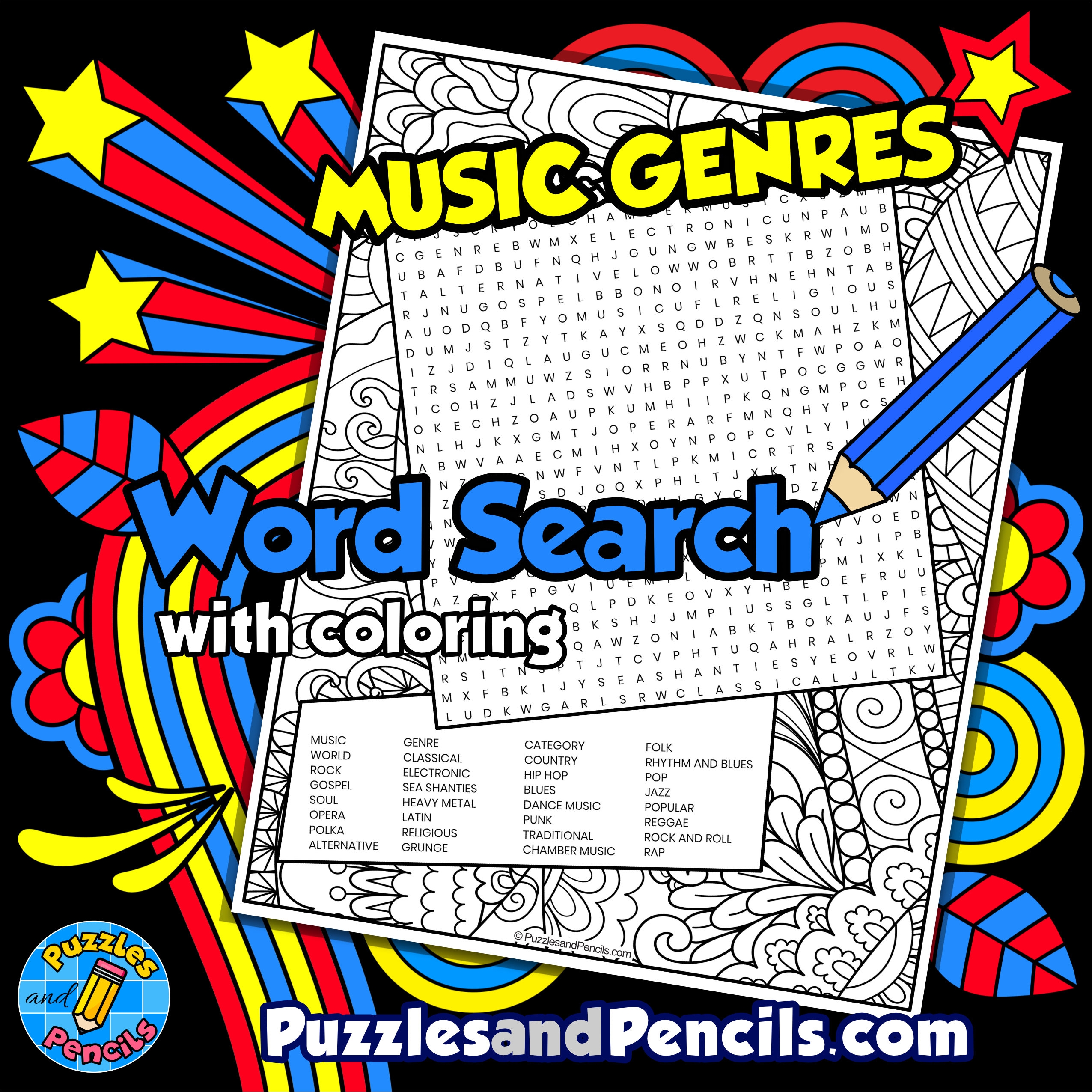 Music Genres Word Search Puzzle Activity Page With Coloring Music Wordsearch Made By Teachers