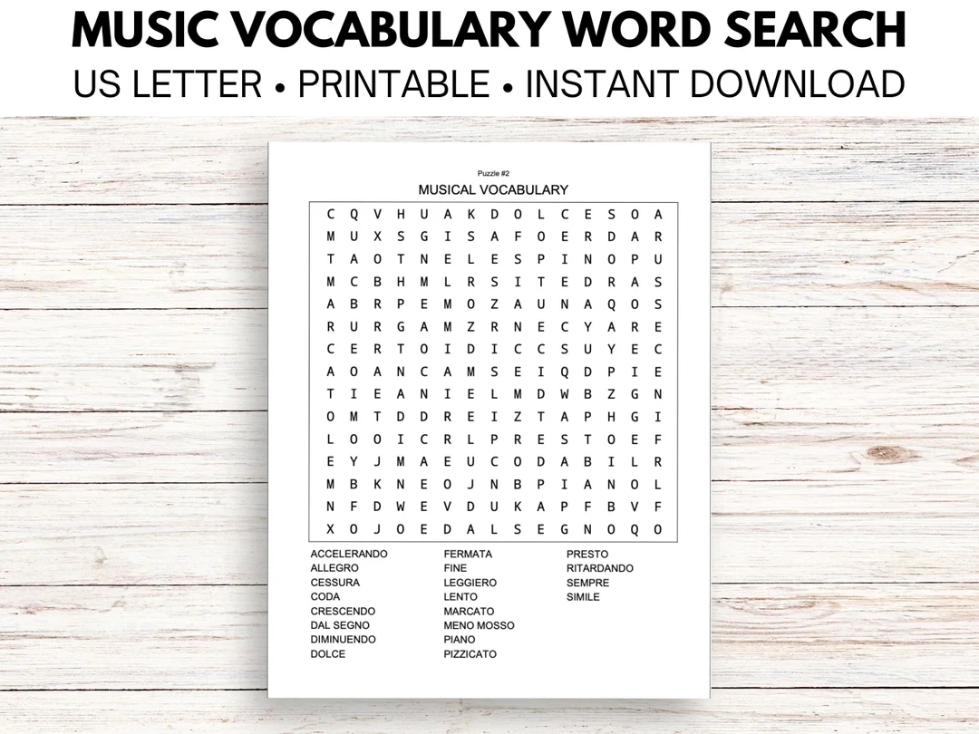 Music Vocabulary Word Search Worksheet PDF Etsy