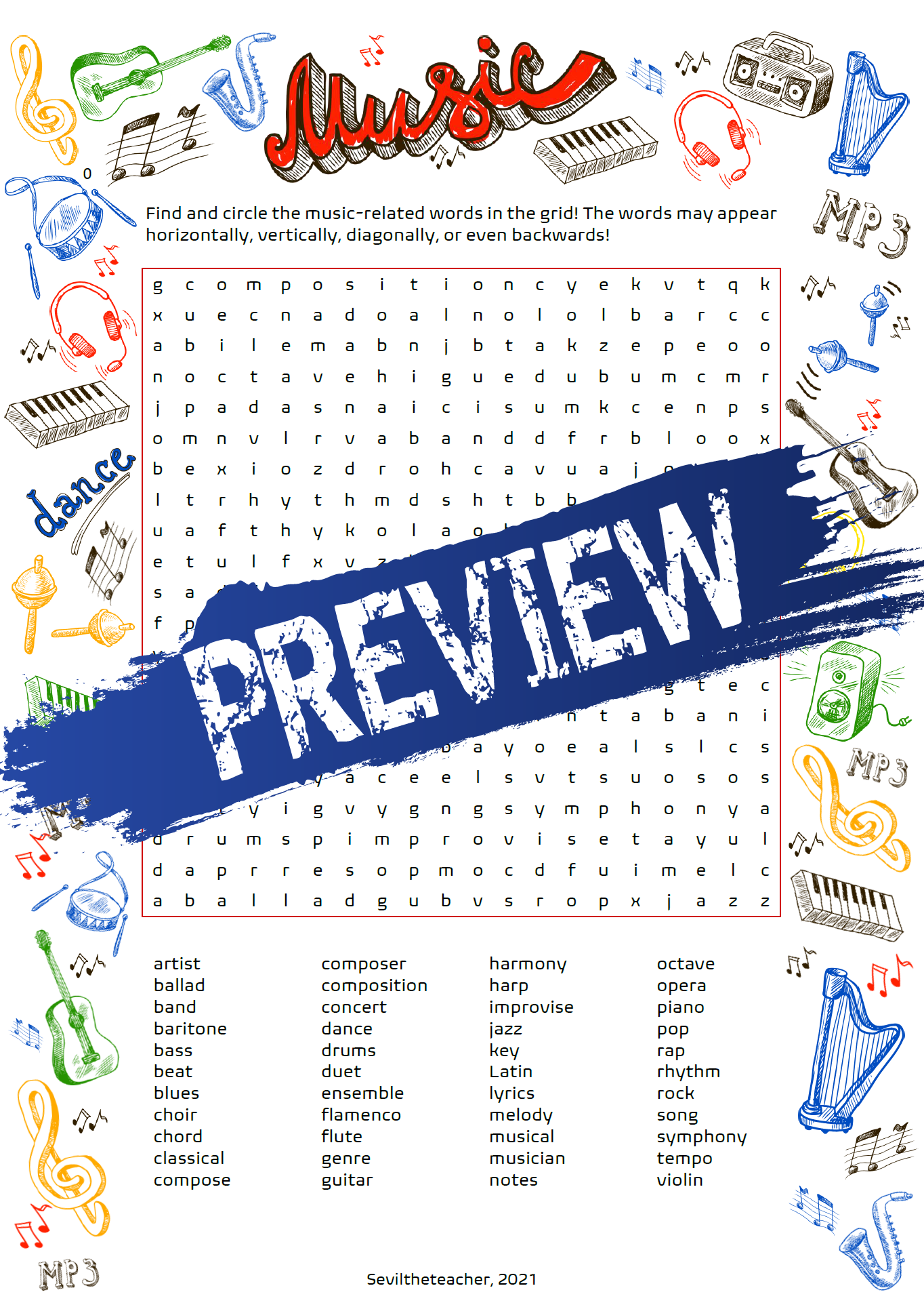 Music Word Search Puzzle Teaching Resources
